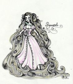 a drawing of a woman with long hair wearing a dress and holding a flower in her hand