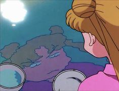 a cartoon girl with long hair looking at something in front of her face and the sky behind her