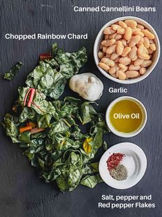 the ingredients for spinach salad laid out in bowls