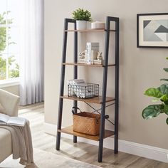 a book shelf in the corner of a living room with a plant and books on it