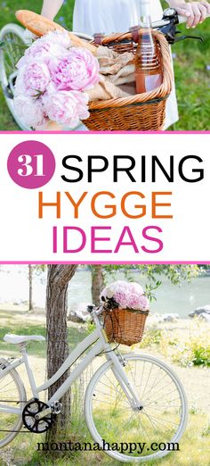 a girl in white dress holding a basket with flowers on it and the words spring hygge ideas