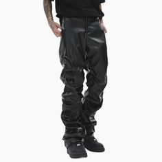 Loose Streetwear Leather Jogger Pants - Starphase Y2k Unisex Fashion, Stacked Leather Pants Men, Leather Pants Mens Outfit, Leather Pants Man, Leather Pants Outfit Men, Loose Leather Pants, Baggy Leather Pants, Leather Pants Street Style, Leather Pants Men