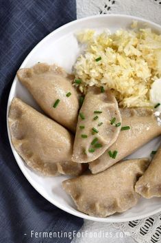 a white plate topped with dumplings and rice