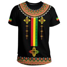 Ethiopia Lion Style Pattern T-shirt Our Unisex T-shirt is made of a premium polyester blend, offering maximum comfort with a soft feel. It boasts an all-over print design created through a high-definition heat-dye application that ensures vibrant and long-lasting colors even after multiple washes. This T-shirt’s fabric is durable and resistant to wrinkles, shrinking, and mildew, ensuring its longevity. The thread line color is limited to black or white. Every T-shirt is custom printed, cut, and Casual Black Sublimation Design Shirt, Casual Black Sublimation Printed Design, Black Graphic Tee With Custom Sublimation Print, Black Graphic Tee With Printing, Black Printed Graphic Tee Shirt, Black Crew Neck T-shirt With Sublimation Print, Black Cotton T-shirt With Digital Print, Multicolor Crew Neck T-shirt With Print, Black Graphic Tee With All Over Print