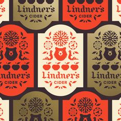 several different types of cider labels on a black and red background