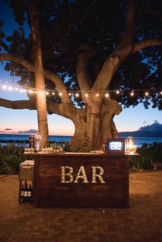 an outdoor bar set up under a tree with lights strung from the branches above it