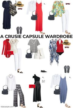 a group of different types of clothes and shoes with the words, a cruise capsule wardrobe