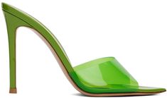 Handcrafted patent leather heeled mules in green. · Open pointed toe · Transparent vinyl strap at vamp · Covered stiletto heel with rubber injection · Leather outsole in beige · Heel: H4 in Supplier color: Kiwi | Gianvito Rossi Green Elle Heeled Sandals Green Heels With Sculpted Heel And Single Toe Strap, Modern Green Heels With Contrasting Heel Counter, Modern Green Sandals For Party, Green Sandals With Contrasting Heel Counter, Green Pointed Toe Mules For Party, Green Open Heel Mules For Party, Trendy Green Mules For Party, Trendy Green Open-heel Mules, Modern Green Open Toe Mules