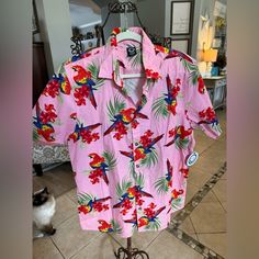 Nwt Neff Men Size Med Pink Floral Parrot Button Up Shirt Short Sleeve Tropical G Pink Buttoned Shirt For Vacation, Pink Casual Hawaiian Shirt With Collar, Hawaiian Cotton Shirt With Buttons, Pink Cotton Hawaiian Shirt Casual Style, Pink Cotton Shirt With Camp Collar, Red Cotton Button-up Hawaiian Shirt, Red Cotton Hawaiian Button-up Shirt, Pink Cotton Camp Shirt, Pink Top With Camp Collar And Button Closure