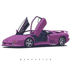 a purple sports car with its doors open