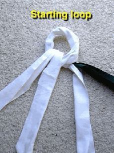 a pair of scissors laying on the floor next to a white ribbon that says starting loop