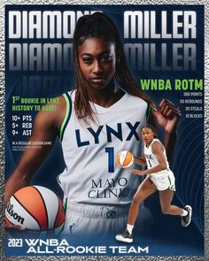 an advertisement for a women's basketball team featuring a woman in white and blue uniform