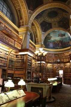 the interior of an old library with many bookshelves and paintings on the ceiling