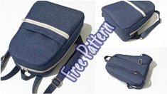 the back and side view of a blue backpack with two zippers on each side