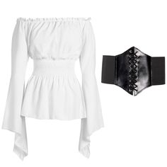 a white top with black leather corset and belt