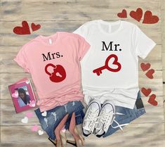 "Couples Matching Valentines Day T Shirts, Matching Valentines Shirt, Couples T Shirts, Matching Outfit, Funny Shirts, Girlfriend Boyfriend Valentines ABOUT THE SHIRTS PLEASE NOTE: This listing is only FOR ONE SHIRT, to make it a set please purchase accordingly YOU MUST ADD TO CART TWICE | Pick your size in a design and add to cart. Then repeat for the other shirt. Brand varies based on availability- Bella Canvas, Next Level, or Gildan Soft Style. All high quality and soft t-shirts. T-shirted pr Valentines Day T Shirts, Couples T Shirts, Heart Lock And Key, Key And Lock, Funny Couple Shirts, Disney Couple Shirts, Boyfriend Valentines, Matching Couple Gifts, Mrs Shirt