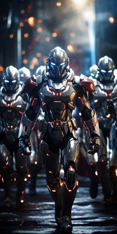 a group of people in futuristic suits walking down a street with bright lights behind them