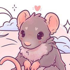 a cartoon mouse sitting on top of a cloud filled sky with hearts in it's eyes