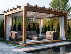 an outdoor living area with couches and a pergolated gazebo next to a swimming pool