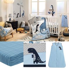 a baby's bedroom with blue and gray decor, including a crib bedding set