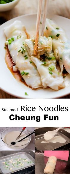 steamed rice noodles with chopsticks in a white plate