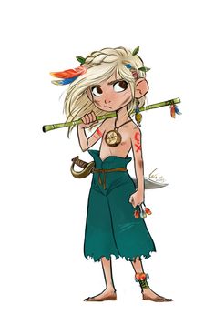 a drawing of a girl with feathers on her head and holding a stick in her hand