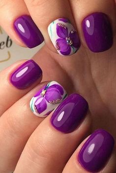 Nail Salon Design, Purple Nail Designs, New Nail Designs, Flower Nail Designs, Latest Nail Art, Flower Nail Art, Nail Designs Spring, Nail Art Summer