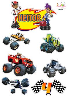 cartoon monster trucks and cars with the word's name on them, all in different colors