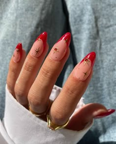 Red Era Nails, Short Almond Nails, Gold Nail, Her Nails, Red Nail Designs, Red Nail, Star Nails, Festival Nails