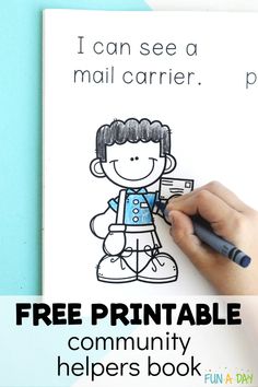 a child's hand holding a marker over a printable community helper book