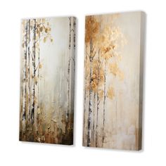 two paintings with trees painted on them, one is gold and the other is white