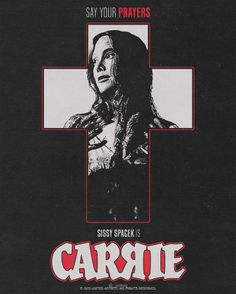 an advertisement for the movie carnie featuring a woman with long hair and cross on her chest