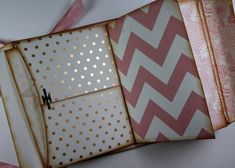 the inside of an open book with polka dots and chevroned paper on it