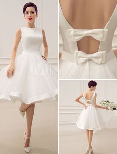 the back of a white wedding dress with bows on it and an image of a woman wearing