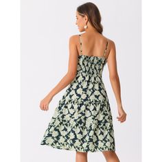 This is a beautiful and comfortable floral short dress that features a unique floral print, allowing you to choose the style that suits you. The ruffle design of the dress adds a fresh and romantic feel, making it a sweet and lovely piece of clothing. Additionally, the decorative element of the dress adds a feminine touch to it. The dress is called Allegra K Women's V Neck Spaghetti Strap Smocked Back Ruffled Hem Midi Floral Dress and is perfect for casual occasions during the spring or summer. It's a sleeveless slip dress with a mid-length and is made of 100% polyester. To keep the dress in good condition, it's recommended to machine wash it with like colors and cold water. Summer Vacation Floral Dress With Smocked Bodice, Tiered Smocked Dress With Floral Print For Beach, Casual Floral Dress With Spaghetti Straps, Casual Floral Print Dress With Spaghetti Straps, Casual Floral Beach Dress With Smocked Bodice, Casual Floral Dress With Smocked Bodice For Beach, Ruched Floral Sundress For Vacation, Summer Tiered Smocked Dress With Ditsy Floral Print, Tiered Smocked Dress With Ditsy Floral Print For Summer