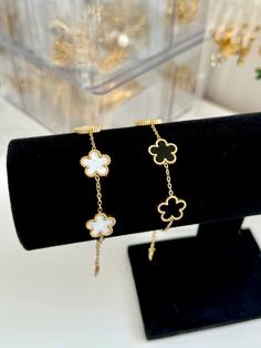 Gold plated  Stainless steel Clover flower charm bracelet Lebanon Jewelry, Old Iphone Wallpapers, Flower Charm Bracelet, Clover Flower, Bracelet Black, Flower Bracelet, Calligraphy Art, Stylish Jewelry, Flower Charm