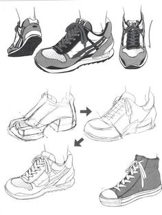 four different types of shoes are shown in this drawing, and the bottom one is black and white