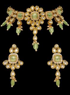 Nayana III - Modern Indian Jewelry of Green Rock Choker & Jhumka Earrings Modern Indian Jewelry, Bridal Choker, Bridal Necklace Set, Earrings Indian, Bridal Jewellery Indian, Gold Bracelet Cuff, Green Gems, Jhumka Earrings, Jewelry Choker