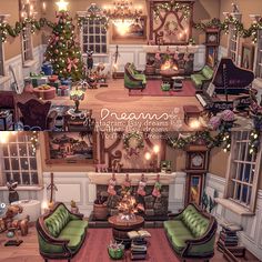 a living room filled with furniture and christmas decorations