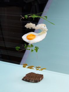 a piece of cake with an egg on top is flying through the air above it