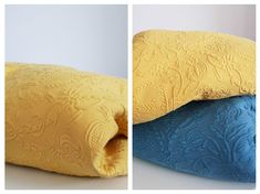 two pictures of pillows with yellow and blue covers