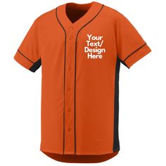 an orange baseball jersey with the text your text / design is here in black and white