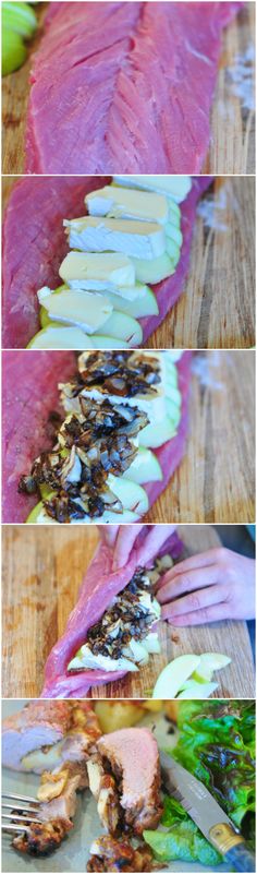 the process of cutting meat with knifes and other food items on top of it