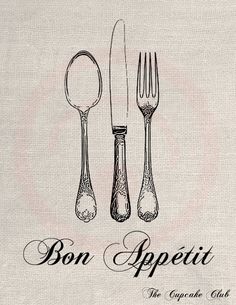 a napkin with an image of two forks and spoons on it, the words bon appetit written in cursive writing