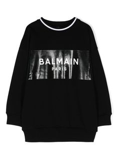 black cotton jersey texture logo print to the front ribbed trim stripe detailing at the neckline crew neck drop shoulder long sleeves straight hem Balmain Sweater, Balmain Collection, Balmain Blazer, Texture Logo, Gucci Baby, Versace Designer, Kenzo Kids, Italian Fashion Designers, Boys Hoodies