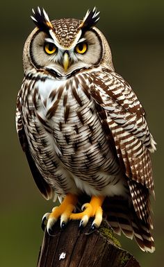 an owl sitting on top of a wooden post with its eyes wide open and glowing