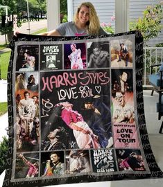 a woman holding up a harry potter love story blanket with pictures of her characters on it