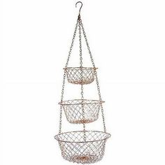 three metal baskets hanging from the ceiling