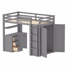 the loft bed is made up to be used as a desk and storage area for small items