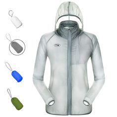 an image of a woman's jacket with hood and earplugs on it